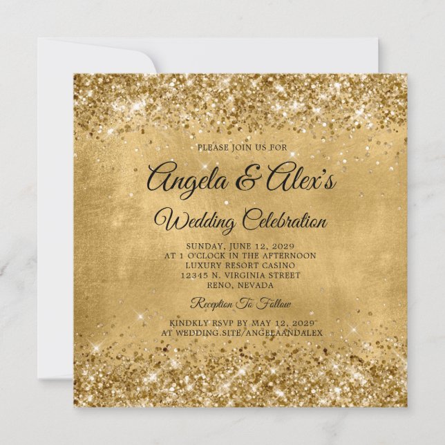 Glittery Gold Elegante Wedding Einladung (Vorderseite)