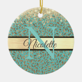 Glittery Gold Feathers Monogram Keramik Ornament