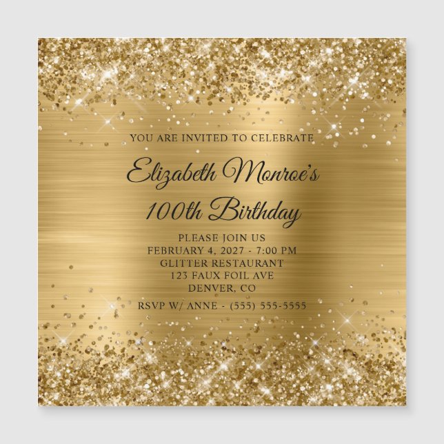 Glittery Gold Foil 100. Geburtstag Magneteinladung (Vorderseite)