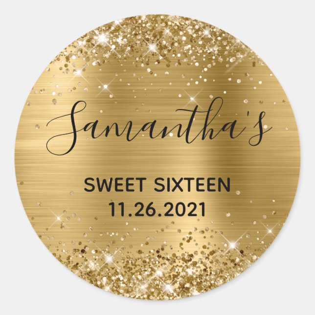 Glittery Gold Foil 16 . Geburtstag Runder Aufkleber (Vorderseite)