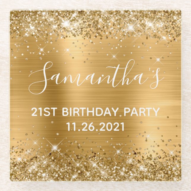 Glittery Gold Foil 21. Geburtstag Party Glasuntersetzer (Vorderseite)