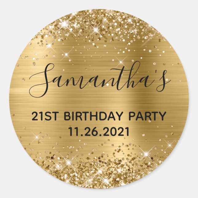 Glittery Gold Foil 21. Geburtstag Party Runder Aufkleber (Vorderseite)