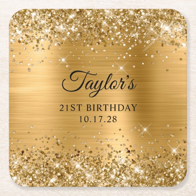 Glittery Gold Foil 21st Birthday Rechteckiger Pappuntersetzer (Vorderseite)