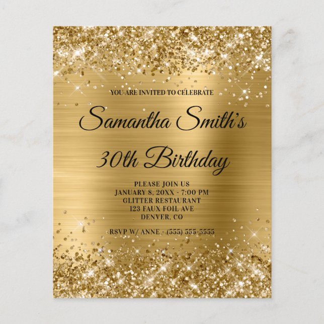 Glittery Gold Foil 30. Geburtstag Einladung Flyer (Vorne)