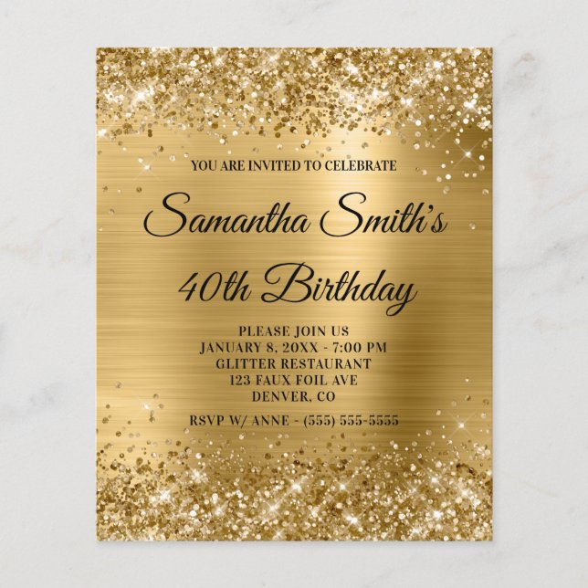 Glittery Gold Foil 40. Geburtstag Einladung Flyer (Vorne)