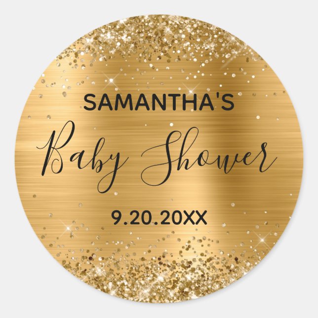 Glittery Gold Foil Babydusche Runder Aufkleber (Vorderseite)