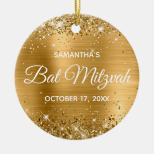 Glittery Gold Foil Bat Mitzvah Keramik Ornament