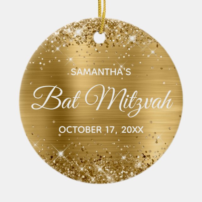 Glittery Gold Foil Bat Mitzvah Keramik Ornament (Vorne)