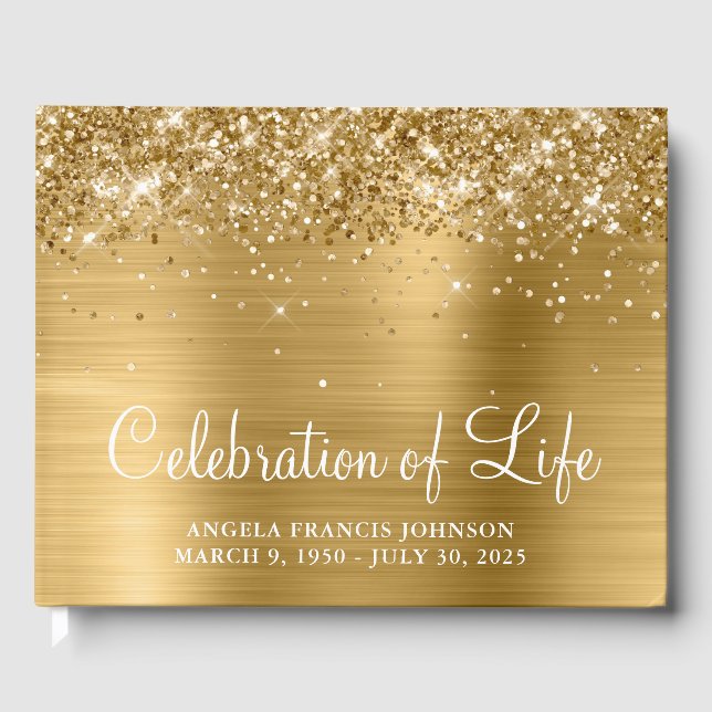 Glittery Gold Foil Celebration of Life Gästebuch (Vorderseite)