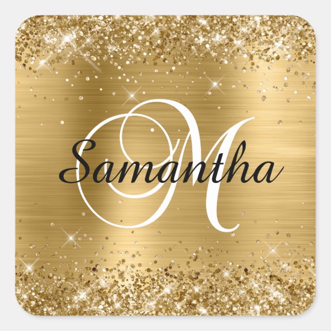 Glittery Gold Foil Classic Script M Monogram Quadratischer Aufkleber (Vorderseite)