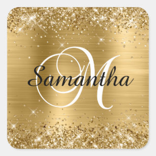 Glittery Gold Foil Classic Script M Monogram Quadratischer Aufkleber