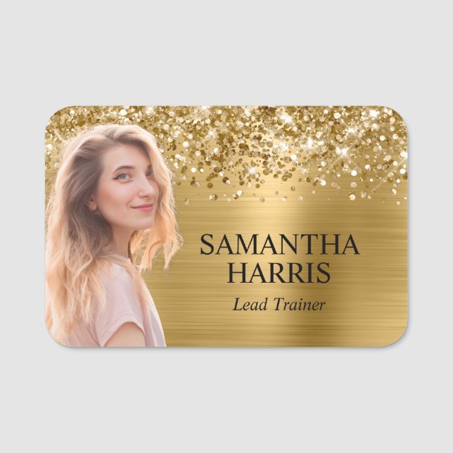 Glittery Gold Foil Cutout Foto Namensschild (Vorderseite)