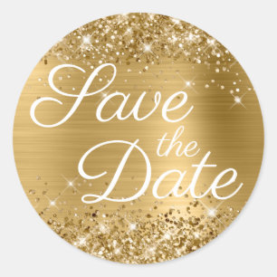 Glittery Gold Foil Elegante Save the Date Runder Aufkleber