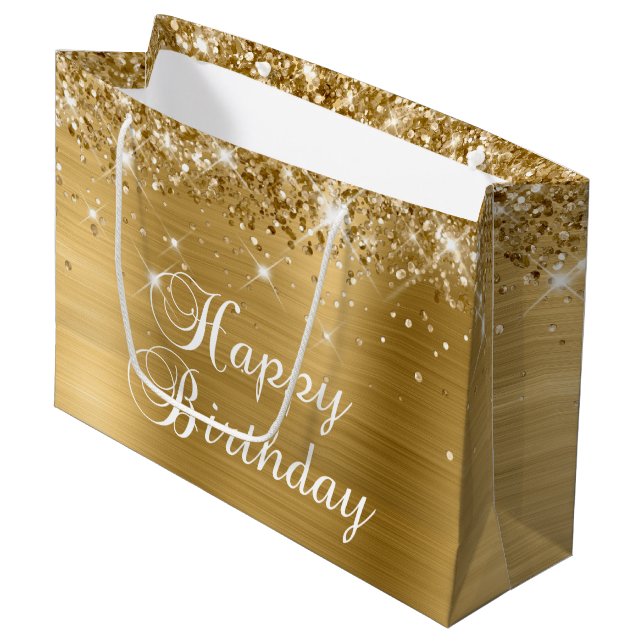 Glittery Gold Foil Extravagant Happy Birthday Große Geschenktüte (Vorderseite Schrägansicht)