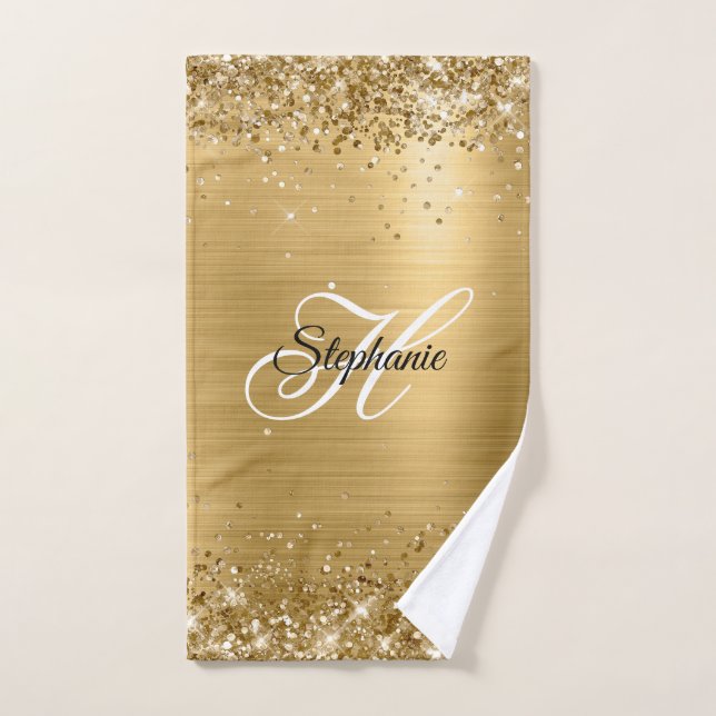 Glittery Gold Foil Extravagant Monogram Handtuch (Handtuch)