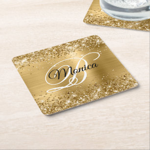 Glittery Gold Foil Extravagant Monogram Rechteckiger Pappuntersetzer