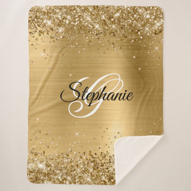 Glittery Gold Foil Extravagant Monogram Sherpadecke (Vorderseite)