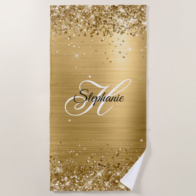 Glittery Gold Foil Extravagant Monogram Strandtuch (Vorderseite)