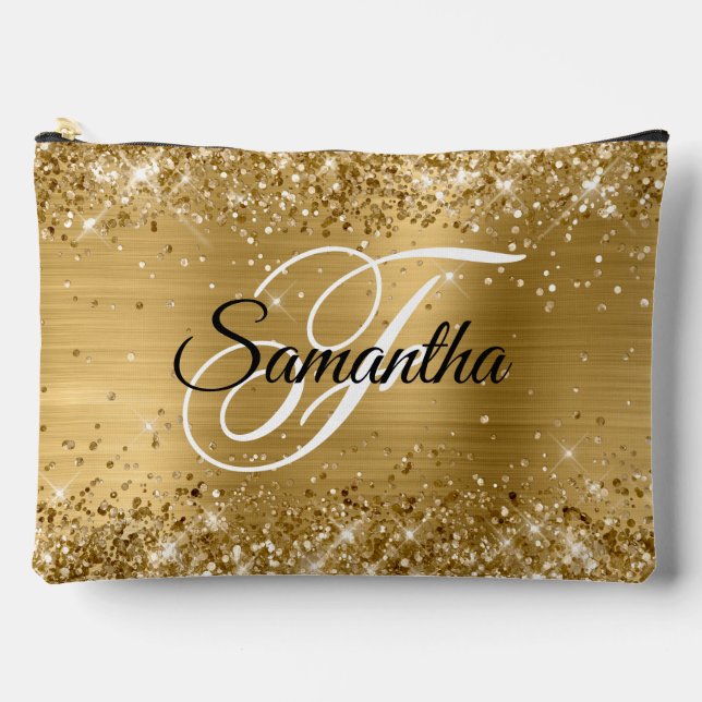 Glittery Gold Foil Extravagant Monogram Zubehörtasche (Vorderseite)