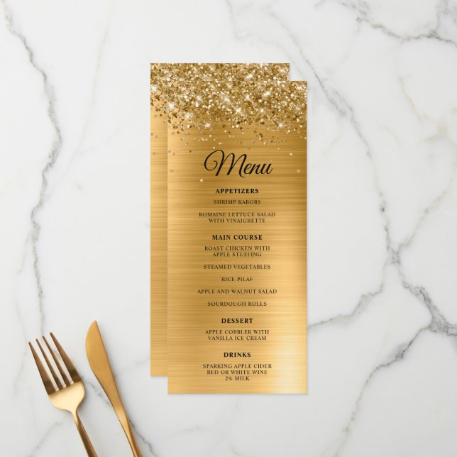 Glittery Gold Foil Hochzeit Empfang Menükarte (Vorderseite/Rückseite Beispiel)
