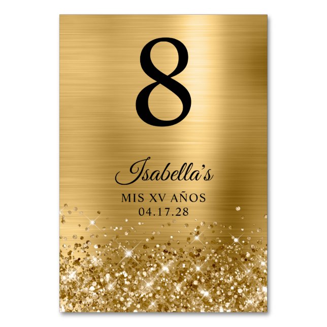Glittery Gold Foil Mis XV Anos Tischnummer (Vorderseite)