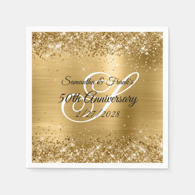Glittery Gold Foil Mit Monogramm 50 Jahre alt Serviette (Vorderseite)
