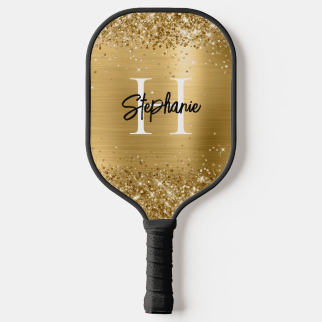 Glittery Gold Foil Mit Monogramm Pickleball Schläger (Rückseite)