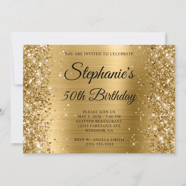 Glittery Gold Foil Monogram 50. Geburtstag Einladung (Vorderseite)