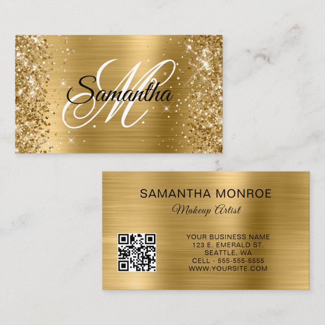 Glittery Gold Foil Monogram QR Code Visitenkarte (Vorne/Hinten)