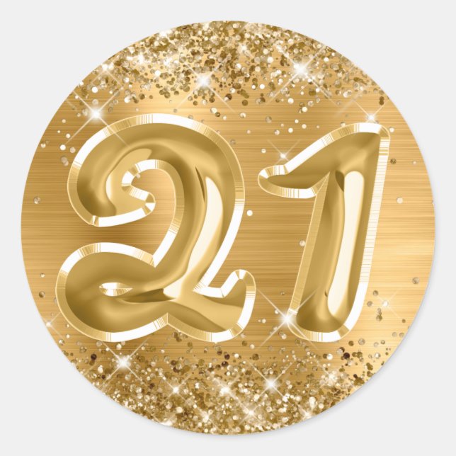 Glittery Gold Foil Number 21 Birthday Runder Aufkleber (Vorderseite)