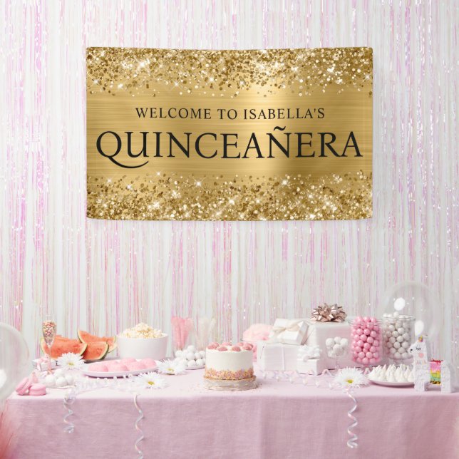 Glittery Gold Foil Quinceanera All Caps Willkommen Banner (Party)