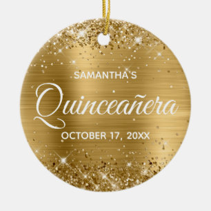 Glittery Gold Foil Quinceñera Keramik Ornament
