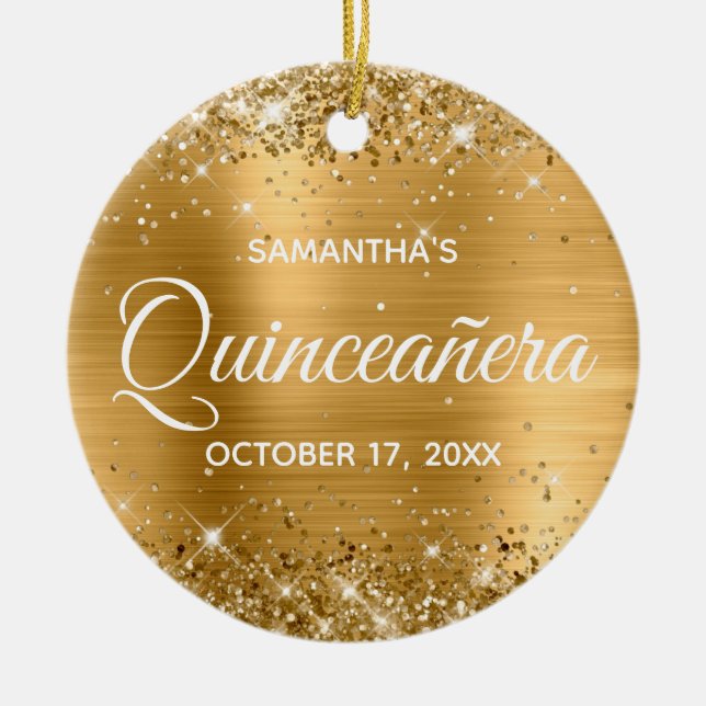 Glittery Gold Foil Quinceñera Keramik Ornament (Vorne)