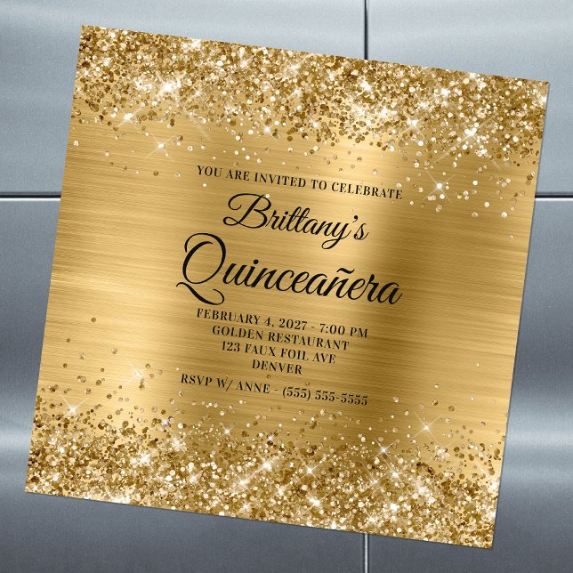 Glittery Gold Foil Quinceñera Magneteinladung (Von Creator hochgeladen)