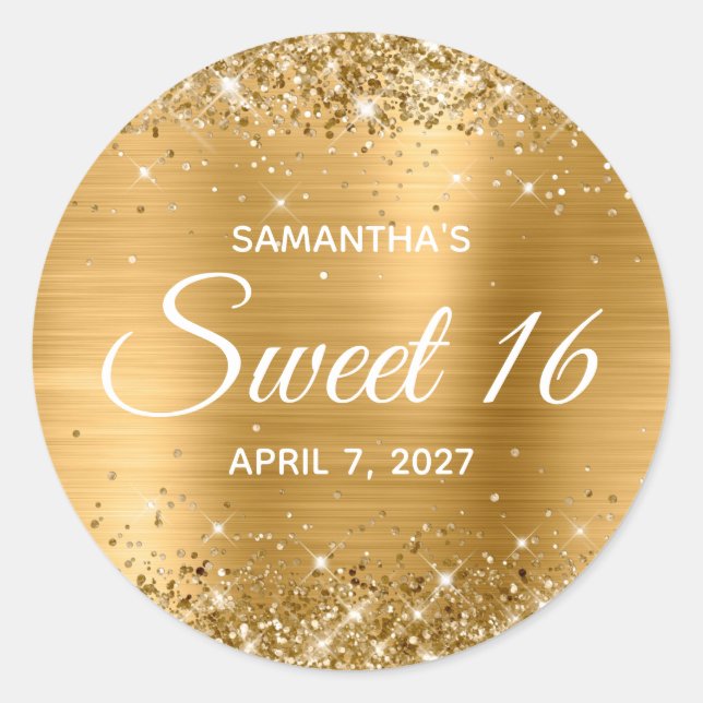 Glittery Gold Foil Sweet 16 Runder Aufkleber (Vorderseite)