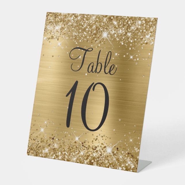 Glittery Gold Foil Wedding Tischnummer Sign Sockelschild (Vorderseite)