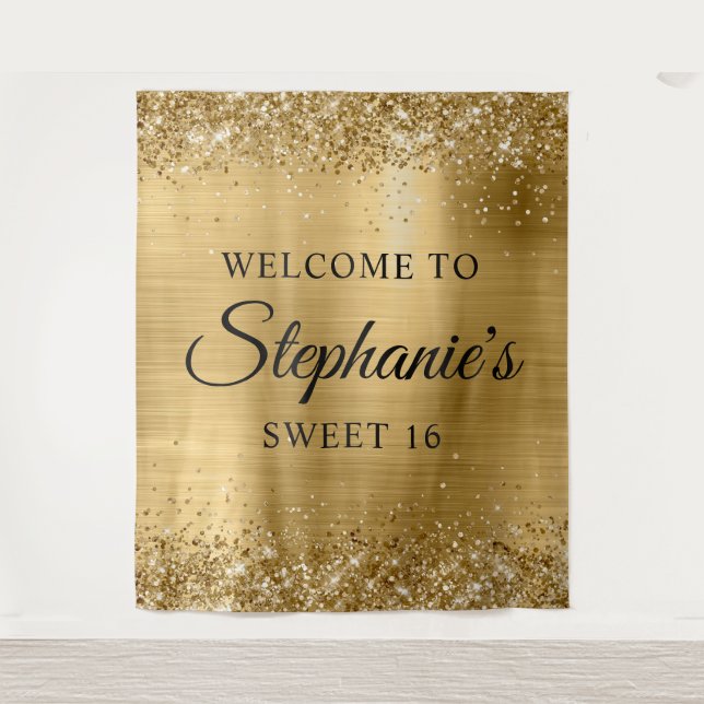Glittery Gold Foil Willkommen im Sweet 16 Wandteppich (Vorderseite)