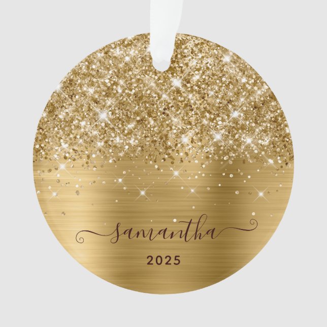 Glittery Gold Girly Signature Calligraphy Photo Ornament (Vorderseite)