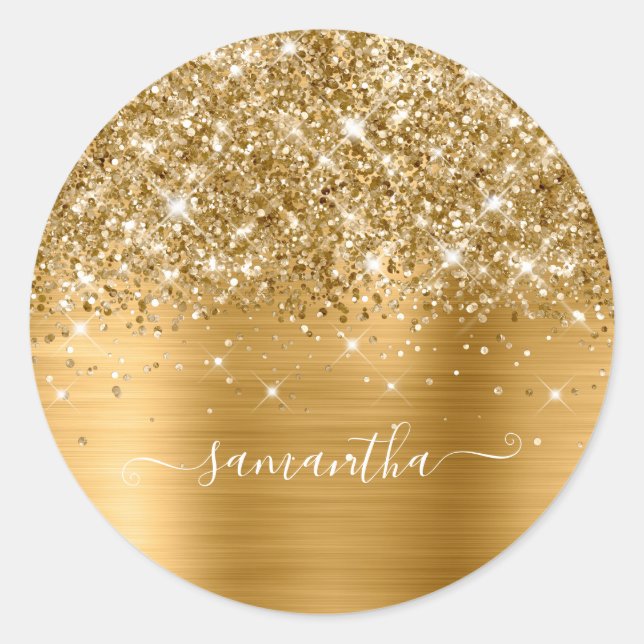 Glittery Gold Girly Signature Calligraphy Runder Aufkleber (Vorderseite)