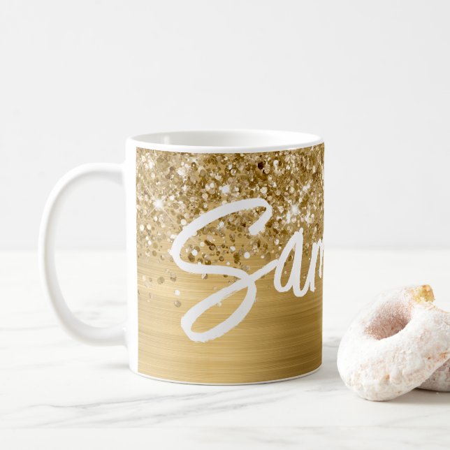 Glittery Gold Glam Brush Script Name Kaffeetasse (Mit Donut)