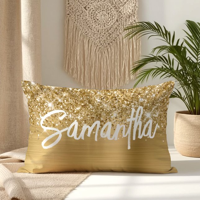 Glittery Gold Glam Brush Script Name Lendenkissen (Glittery Gold Glam Brush Script Name Lumbar Pillow)