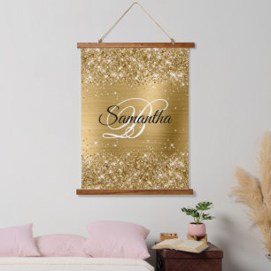 Glittery Gold Glam Extravagant Monogram Wandteppich Mit Holzrahmen