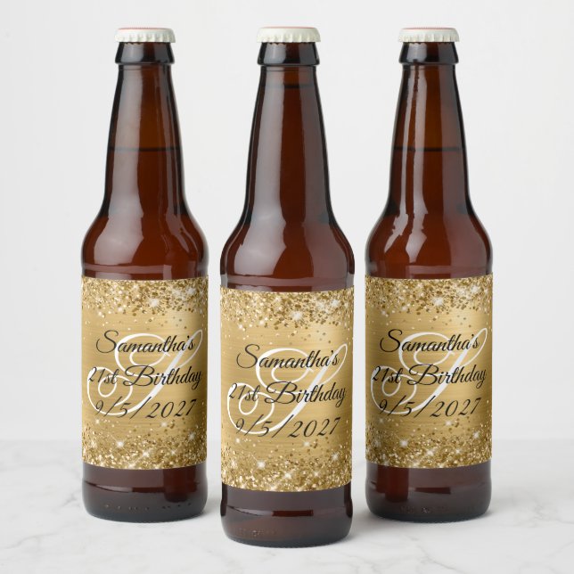 Glittery Gold Glam Monogram 21. Geburtstag Bierflaschenetikett (Flaschen)