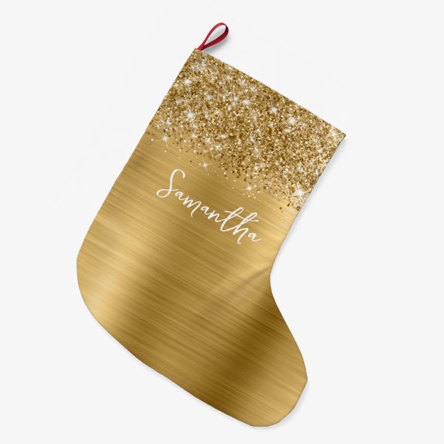 Glittery Gold Glam Name Großer Weihnachtsstrumpf (Vorderansicht (hängend))