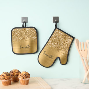 Glittery Gold Glam Name Ofenhandschuh & Topflappen-Set