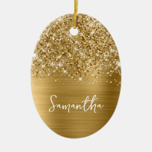 Glittery Gold Glam Name Oval Foto Keramik Ornament