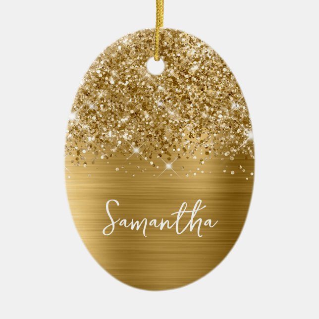 Glittery Gold Glam Name Oval Foto Keramik Ornament