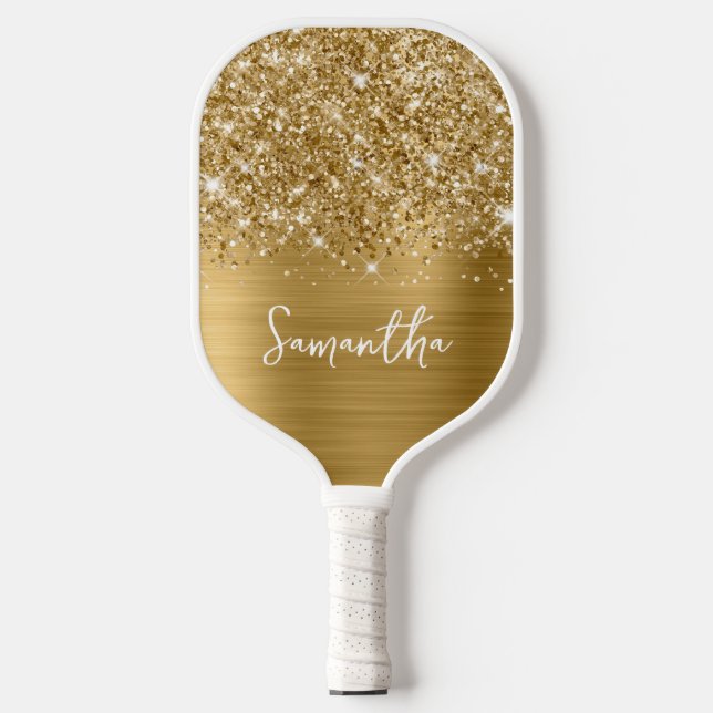 Glittery Gold Glam Name Pickleball Schläger (Vorderseite)