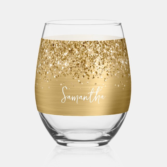 Glittery Gold Glam Name Weinglas Ohne Stiel (Vorderseite)
