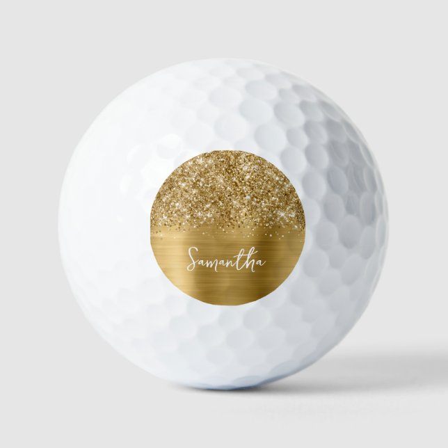 Glittery Gold Glam Script Name Golfball (Vorderseite)